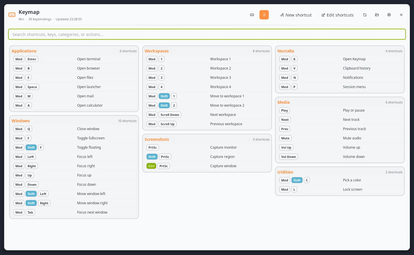 Niri example shortcuts